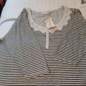 Striped Black and White Lace Trim Blouse